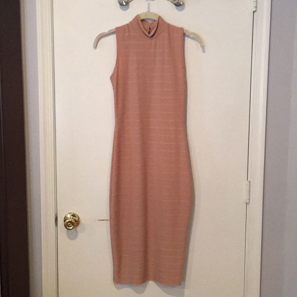 Boohoo, high neck, midi bodycon dress. Stone color